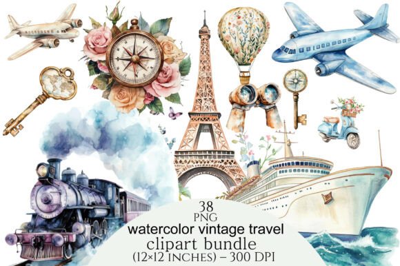 Download Watercolor Vintage Travel Clipart Bundle - Vintage Collection