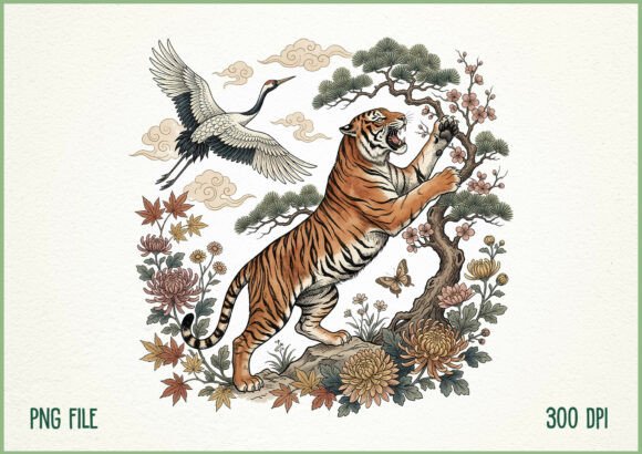 Download Vintage Japanese Tiger Crane Floral PNG - Vintage Collection